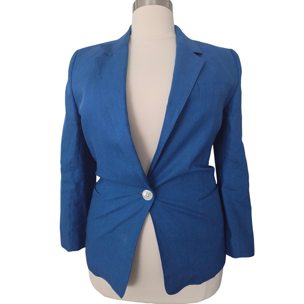 JH Collectibles Vintage Royal Blue 100% Linen Blazer Jacket Womens Size 14